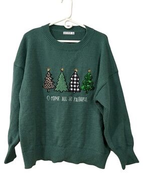Women’s Green Crewneck Sweater with Embellished Tree Appliqués